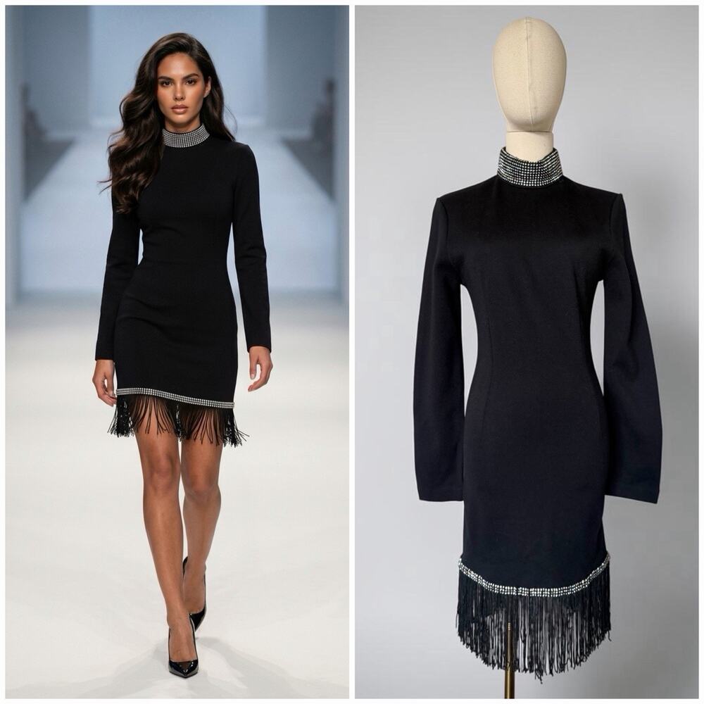 1990's Vintage Lillie Rubin Back Wool Blend Mini Dress Fringe Rhinestone